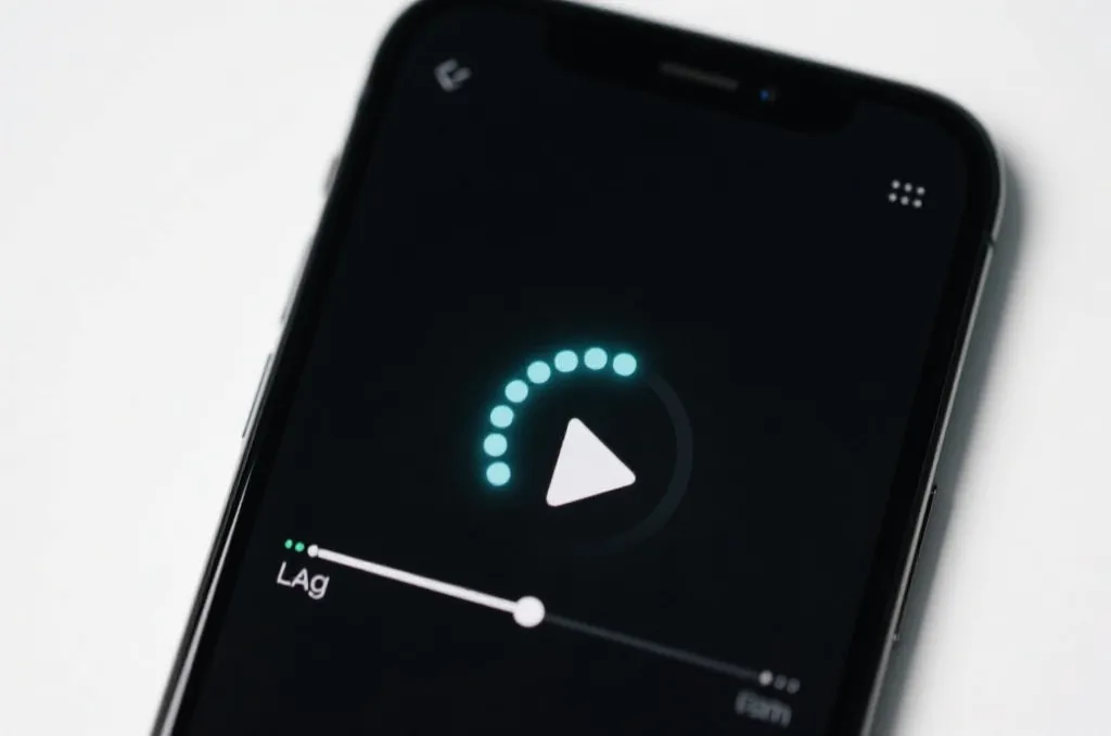 A smartphone screen showing a generic video player with a loading spinner icon, set against a dark, minimalist background representing digital lag